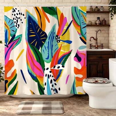 "Colorful Abstract Tropical Leaf Shower Curtain, Vibrant Monstera Palm Leaf With Polka Dot Accents On Beige Background Waterproof Polyester Curtain With 12 Hooks, Bohemian Tropical Bathroom Decor For Home, Summer Vacation Vibe Restroom Decoration"