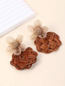 1 Pair Handmade Unique Fashion 5-Petal Flower & Large Chinese Knot Pendant Earrings, Mauve Color Scheme, Exaggerated Design, Versatile For Vacation, Party, Gift - Brown - View 7