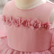 女童可爱大蝴蝶结薄纱公主裙，洗礼服，生日派对礼服，节日礼物 - 粉色 - 查看 10