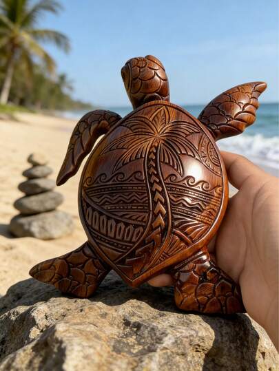1pc Tropical Resin Sea Turtle Figurine With Palm Tree Carvings | Coastal Beach Decor For Home & Garden | Nautical Animal Sculpture For Patio, Porch, Tabletop, And Coastal Living Room | Perfect For Beach-Themed Interior & Outdoor Spaces