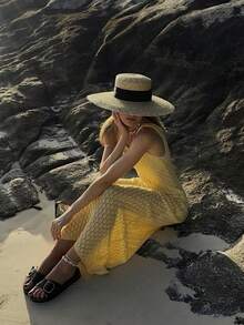 Vivid Style New Summer Fashion: Versatile Solid-Color Openwork Sleeveless Loose-Fit Casual Elegant Maxi Dress-Perfect For Parties, Gatherings, Dates, Vacations, And Birthdays - Yellow - View 4