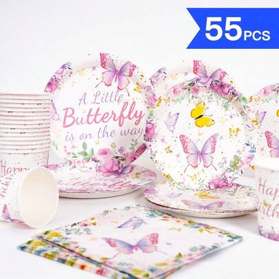 Butterfly Garden Disposable Plates, Napkins, Cups - One-Time Party Supplies Set, Suitable For 10 Guests, Disposable Paper Plates Party Tableware For Birthday, Wedding, Picnic Themes