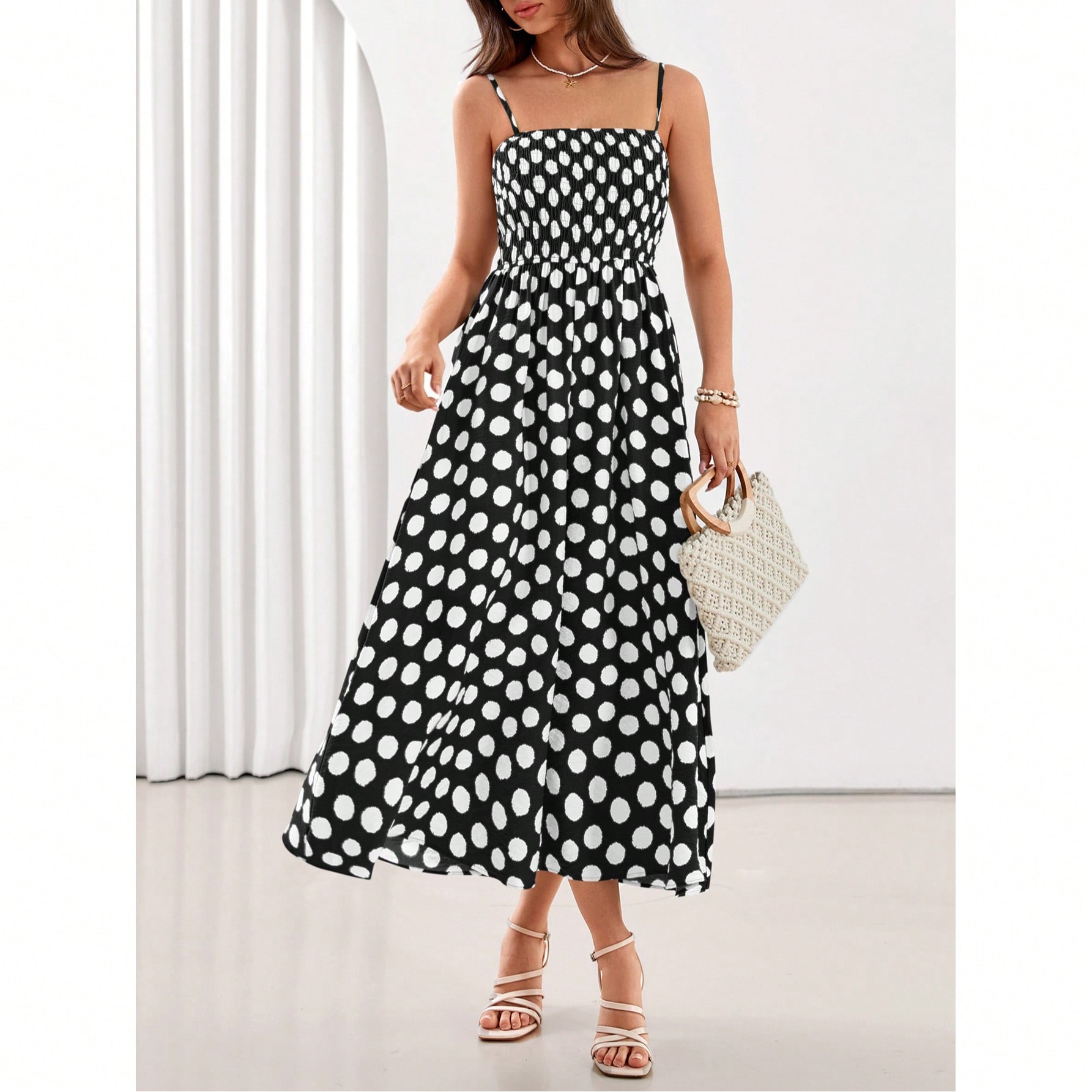 Womens Polka Dot Dress Summer Sleeveless Spaghetti Straps Smocked Sun Dress Flowy Spring Beach Midi Dresses