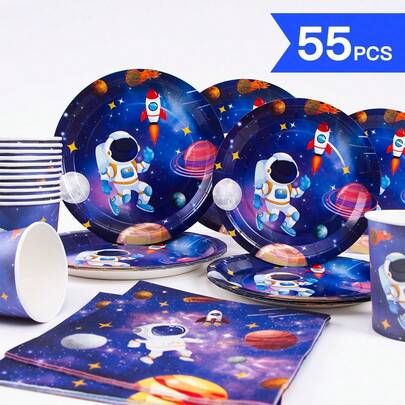 Astronaut Disposable Plate, Napkin, Cup Set, One-Time Party Supplies Suitable For 10 Guests, Disposable Paper Plates Party Tableware For Birthday, Wedding, Theme Party, Family Picnic