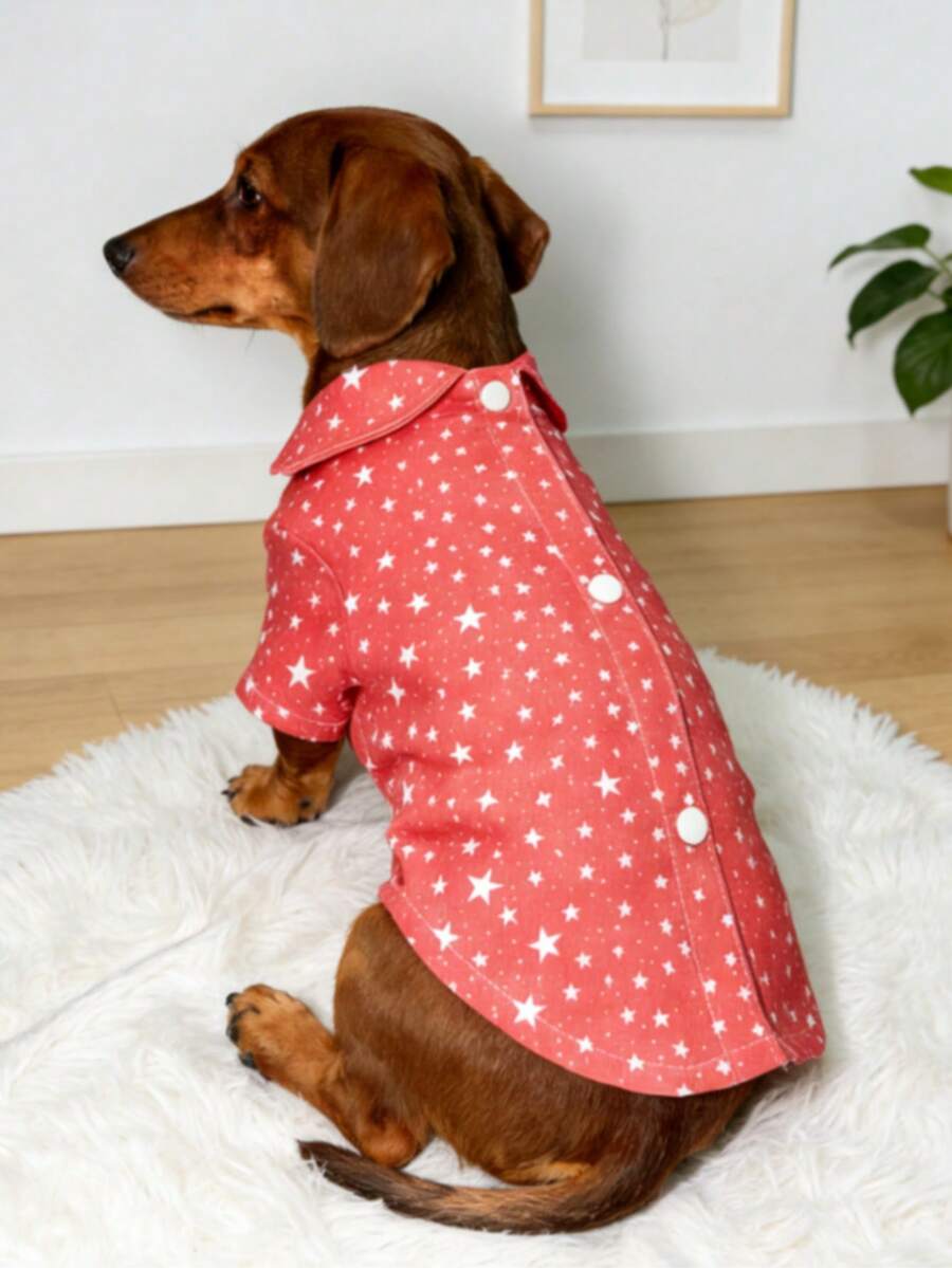 2026 New Front Button Shirt, Dachshund Shirt, Star Pattern Shirt, Wedding Vacation Casual Holiday Outfit, Pet Clothes, Personalized Printed Shirt For Small/Medium Dogs Like Teddy, Pomeranian, Bichon Frise - Pink - View 1