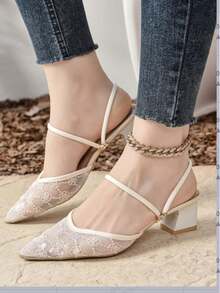 New Mesh Pointed Toe Chunky Heel Sandals Mules Two-Way Wear Pumps,Summer Shoes - Beige - View 3