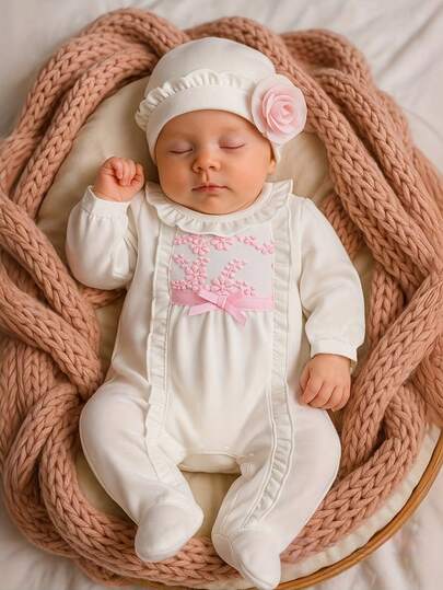 H HIBOBI Set de 2 piezas de ropa para bebé niña, pelele con bordado y gorro floral, adecuado para recién nacidos de 1 a 12 meses, cómodo y cálido, apto para uso diario, fiestas o sesiones de fotos, lavable a máquina