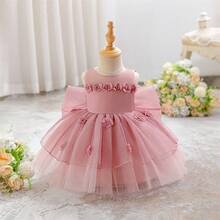 女童可爱大蝴蝶结薄纱公主裙，洗礼服，生日派对礼服，节日礼物 - 粉色 - 查看 8