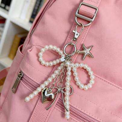 Cute Beaded Bow Pendant, Fashionable Large Heart-Shaped Bag Charm, Silver Heart Rotating Hook Design, Spring Clasp, Starfish, Bow And Heart Shaped Elements Phone Charm Keychain, Starfish Phone Charm Keychain, Elegant Ladies Accessory, Bag Charm, Party And Holiday Gift, Gift For Female College Students And Teachers, Unique Gift For Family And Friends