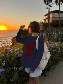 2025 Autumn/Winter New Women's Fashion Casual Vintage Contrast Color Lobster Jacquard Knit Pullover Graphic Sweater, Women Animal Print Basic Tops, Going Out Tops, Fall Women Clothes, Christmas Clothes, Korean Style - 藏蓝色 - 查看 4