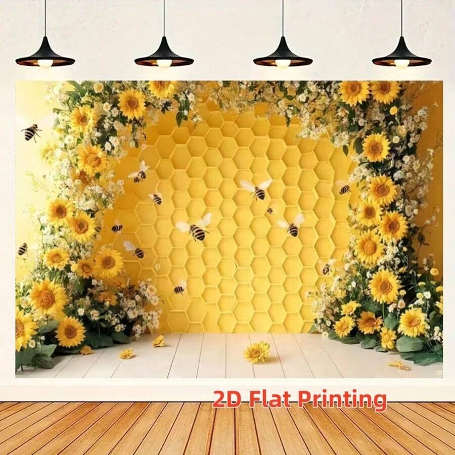 Hình nền họa tiết tổ ong màu vàng ấm áp với cánh đồng hoa hướng dương và những chú ong đang bay, mang phong cách đồng quê tươi mát, in phẳng 2D, phù hợp cho các sự kiện mùa xuân, chụp ảnh cưới, tiệc sinh nhật và các bữa tiệc theo chủ đề đồng quê, tạo nên một bầu không khí ấm áp và thư thái tự nhiên. - A - Xem 1