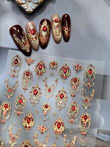 1 Peça Adesivos de Unha Cetro Barroco Vintage Vermelho/Verde, Decalques de Unha com Colar de Coroa de Pedras Preciosas Luxuoso, Adesivo de Manicure Elegante Autoadesivo - Multicolorido - Visão 10