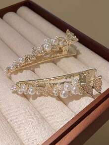 2个装女士春夏水钻3D蝴蝶发夹，珍珠侧边发夹 - 彩色 - 查看 8