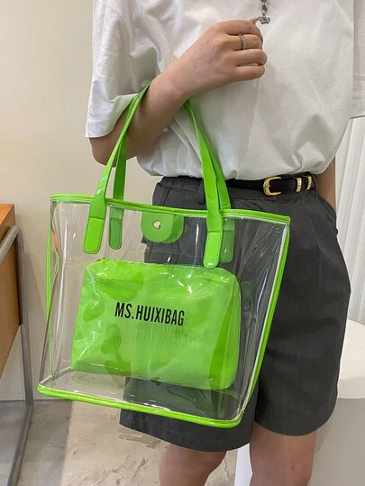 2026 Nuevo bolso de mano de gelatina transparente de PVC de moda (con bolsillo interior), decoración con letras, adecuado para uso diario, casual, playa, fiesta, viaje, al aire libre, picnic