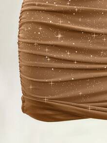 性感亮片褶皱紧身派对婚礼宾客连衣裙，优雅夏季度假迷你连衣裙 - 棕色 - 查看 4