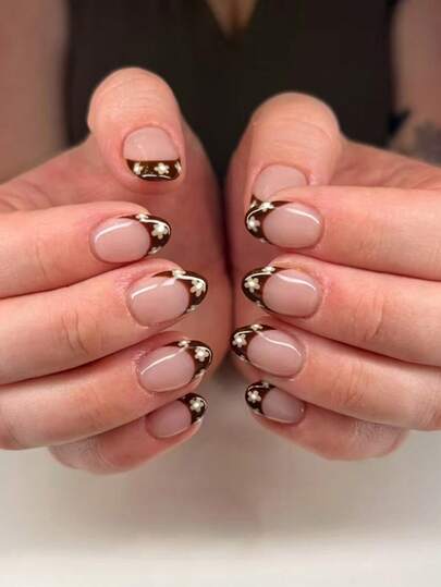 1 Jelly Gel + 1 Nail File, Upgrade Your Look With Reddish Brown Chestnut French Fresh Floral Elegant European And American Style Detachable Manicure, Suitable For Women's Daily, Work, And Dates