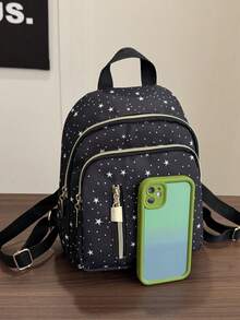 1 pieza Mochila compacta casual de nailon negro, versátil y de moda, adecuada para uso diario de mujeres, citas, salidas y viajes - Negro - Ver 3