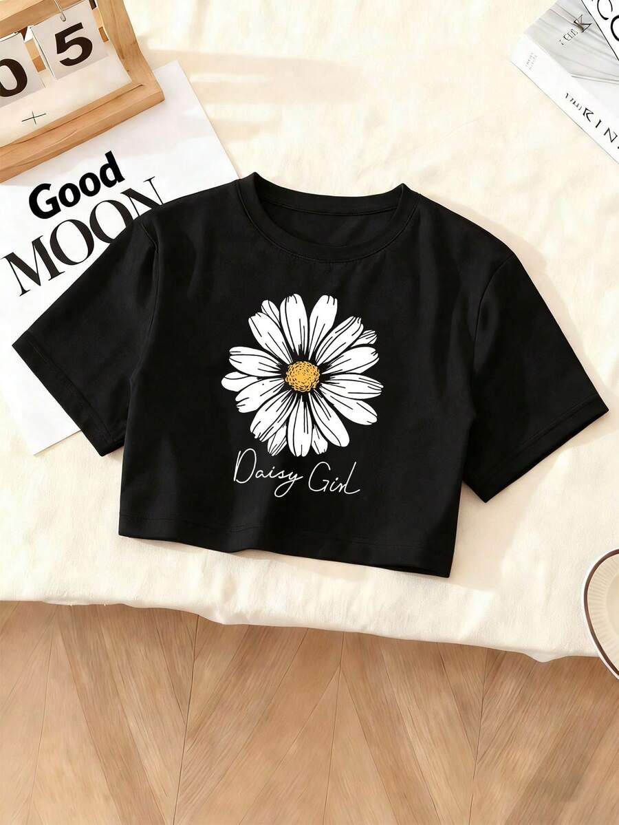 少女字母雏菊印花短袖T恤，休闲时尚新款 - 黑色 - 查看 1