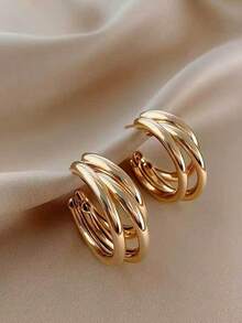 Pendientes de aro trenzados multicapa con diseño geométrico circular dorado de para el comercio transfronterizo, diseño minimalista y versátil de moda - Amarillo Oro - Ver 3