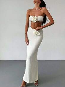 Vivid Style 女士镂空花卉波西米亚风沙滩露脐吊带短上衣和高腰长裙套装，适合海滩度假、派对、时尚、优雅、浪漫的夏季装扮 - 杏色 - 查看 7