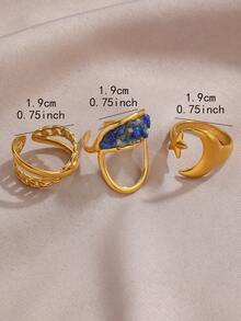 3pcs Set 18K Gold Plated Moon, Star, Cross & Geometric Open Rings, Suitable For Women's Daily Wear, Jewelry Gift - Gold - View 4