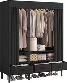 Portable Closet,Garment Rack,Heavy Duty Clothes Rack With Cover,Wardrobe Closet With 3 Hanging Rods, 6 Storage Shelves And 4 Drawers,55.1" L X 17.7" W X 67.7" H,Pale Yellow - Black-b - View 3