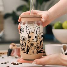 4张兔子和花朵图案的UV DTF转印贴纸，适用于16盎司Libbey玻璃杯（9.4x4.3英寸），可爱纯色花朵防水贴纸，无需加热 - 兔子花 - 查看 11