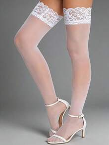 1/4 双装女士渔网过膝长筒袜，性感黑色长筒袜，硅胶蕾丝袜口透明过膝长筒袜，夏季女士日常时尚角色扮演节日生日礼物 - 彩色 - 查看 5