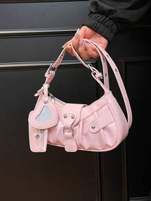 Dedoo 1个Y2K哥特风复古铆钉装饰方形点缀女士单肩包，适合日常出行，小众设计，蒸汽朋克，哥特风，女士包包，酷女孩街头风，完美适用于音乐节、演唱会、摇滚风格，Y2K包包，2000年代时尚风格，哥特朋克风女士包包 - 粉色 - 查看 5