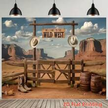 1pc Vintage Western Ranch Scene Backdrop Banner Decoration, Includes Wooden Fence, Cowboy Hat, Barrel And Desert Canyon Elements, 2D Printed In Rugged Retro Style, Suitable For Western Theme Party, Farm Theme Event, Halloween Costume And Photography Background, Outdoor Party Decor, Photo Booth Backdrop, Vintage Ranch Decor Banner, Holiday Celebration Decoration For Yard, Entrance, Porch, Welcome Background - B - View 4