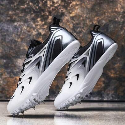 26 Men's Athletic Sports Shoes, Men's Track And Field Shoes, Fashionable Black And White Low-Top Lace-Up Spiked Shoes, Strong Grip On Field, Removable Spikes, Suitable For Competition And Sports, Explosive Power, Stable Speed Feeling, Unisex Spiked Shoes Suitable For Sprint, Middle/Long Distance Running, Triple Jump And More