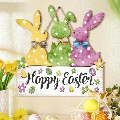 1pc Happy Easter Wall Hanging Sign, Easter Bunny Wooden Plaque, Suitable For Farmhouse Spring Easter Theme Party Outdoor Entrance Decor, Wooden Spring Door Sign, Suitable For Porch, Front Door, Wall And Window Decor, Fits 11 Holiday - Rope Random
