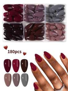 180片（6种混合色）亮面短款杏仁形亚克力美甲贴片，棕色、灰紫色、酒红色、灰色，完美贴合短指甲，包含1片果冻胶和1个指甲锉，适合派对、跳舞和日常使用。 - 彩色 - 查看 2