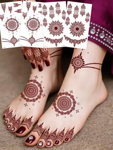 4片装红棕色指甲花曼陀罗花蕾丝图案性感人体彩绘防水临时纹身贴纸，适用于手部、手臂、背部，可用于节日、派对、日常佩戴 - 紅色 - 查看 11