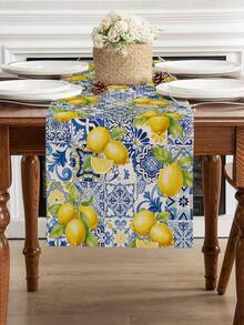 1pc Spring/Summer Lemon Table Runner, Printed With Spring/Summer Fruits Strawberry, Blue & White Porcelain Geometric Rustic Style Kitchen Home Dining Table Decor - Yellow - View 1