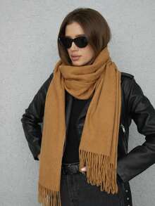 Plain Winter Thick Pashmina Scarf 225g With Fringe Unisex - cor camelo - 查看 1