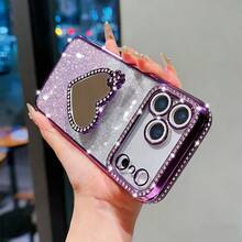 Luxury Sparkling Rhinestone Lens Protection Plated Anti-Drop Phone Case With Glitter Makeup Mirror Stand, Compatible With IPhone 17ProMax, 17Pro, 17, 16Promax, 15, 14 Plus, 13, 12 Pro Max, 11, 17Air, Galaxy, HONOR NOTE, High-Quality Shockproof Protective Cover - Purple - View 5