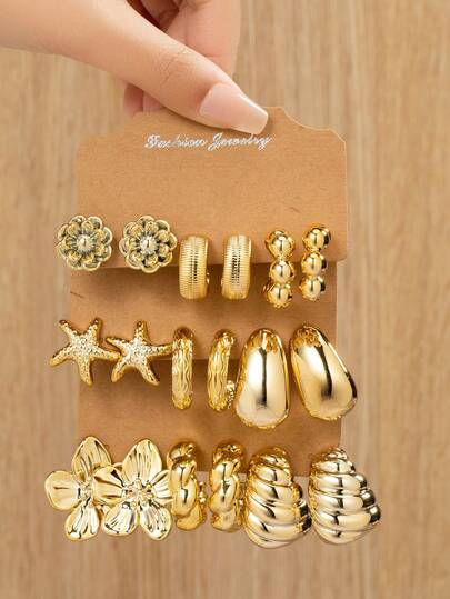 2/6/18pcs Minimalist CCB Material Earring Set, Featuring Starfish, Floral, Geometric Designs, Suitable For Women's Daily, Evening Party, Travel, Beach, Holiday Wear, Great Gift For Girlfriend, Family, Couples, Friends, Mom, Holiday