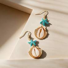 一对时尚波西米亚海洋风绿松石海星贝壳珍珠耳环，优雅迷人，适合节日、度假和日常佩戴。 - 金黃色 - 查看 2