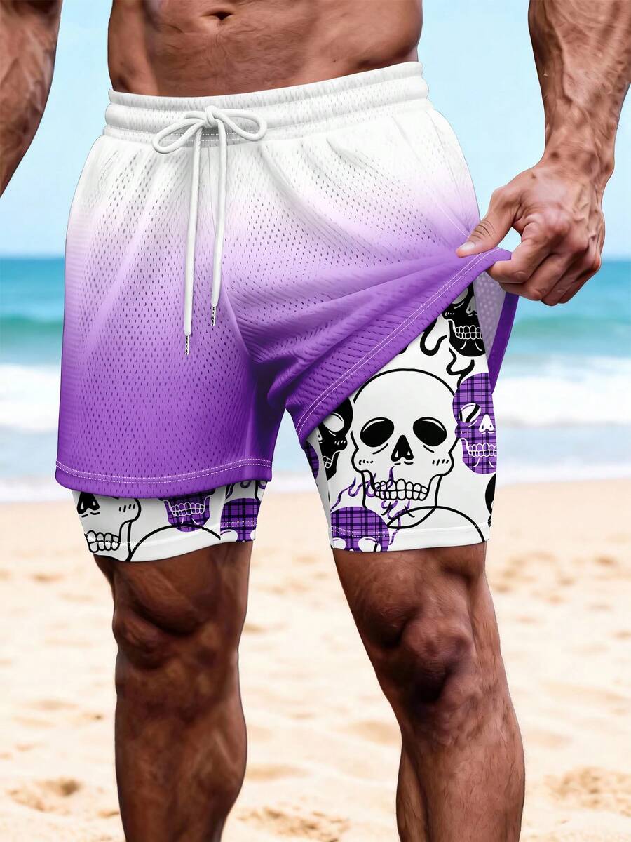Men's Ombre Drawstring Waist Skull Print Casual Beach Shorts - Multicolor - View 1
