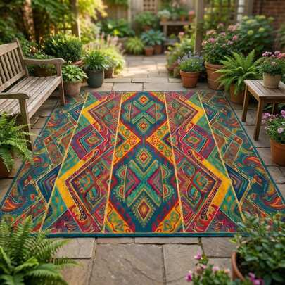 1 Piece Home Decor Faux Cashmere Velvet Area Rug – Bohemian Geometric & Floral Pattern, Deep Teal Base With Vibrant Red Yellow Aqua Accents, Soft & Dense Pile Non-Slip Floor Covering For Living Room & Bedroom | Machine Washable & Durable Bathroom Mats