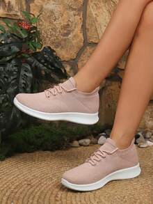 女士黑色和灰色针织休闲复古运动鞋，套脚袜鞋 - 粉色 - 查看 2