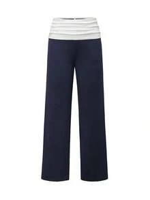 Sunny Girly Summer Y2K Back To School Casual Home Waistline White Pleated Patchwork Straight Pants - 藏蓝色 - 查看 4