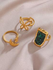 3pcs Set 18K Gold Plated Moon, Star, Cross & Geometric Open Rings, Suitable For Women's Daily Wear, Jewelry Gift - Gold - View 6