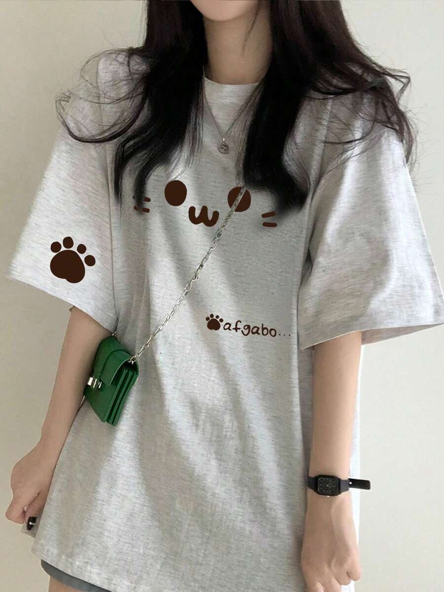 女士休闲宽松圆领卡通猫咪字母印花短袖T恤，夏季 - 淺花灰 - 查看 1