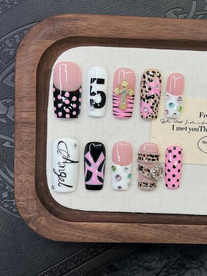 10pcs Y2K Nails Pipe-Shaped Press On Nails Set - Handcrafted, Pink Nails, Black Nails, Black And White French Tip Nails, Hand Drawn Zebra Stripe & Leopard Print And Polka Dot Design, Cute Hand Drawn Nails, Sparkling Gold Cross & Silvery Love Pattern And Colorful Rhinestone Decoration, Delicate Graceful Nails - Perfect For Parties & Casual Attire