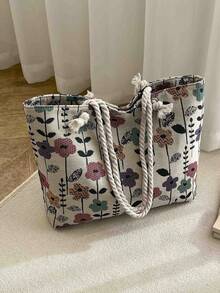 New Large Capacity Commuter Tote Bag, Floral Fabric Tote Bag With Lining - Beige - View 1