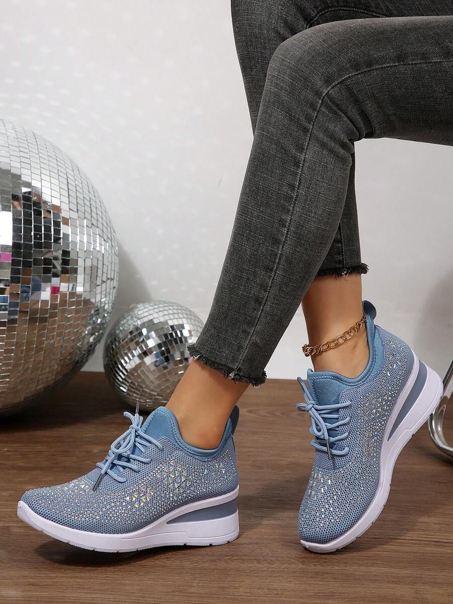 Zapatillas deportivas de mujer con cordones, estilo nuevo, con diamantes de imitación, cuña gruesa, casual, transpirables y cómodas, para correr, viajes al aire libre, adecuadas para todas las estaciones, zapatillas de entrenamiento para mujeres