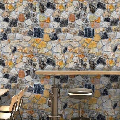 A Roll Of Self-Adhesive Wallpaper With Colorful Stone Patterns, Featuring Random Splicing, Durability And Removability. It Is Ideal For Home Decoration In Living Rooms And Bedrooms, As Well As The Renovation Of Cabinets And Tabletops. Multiple Sizes Are Available.