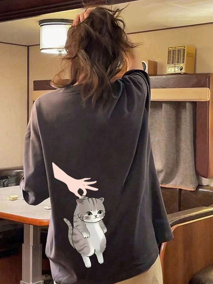 女士休闲可爱猫咪印花圆领宽松短袖T恤，春夏款 - 深灰色 - 查看 1
